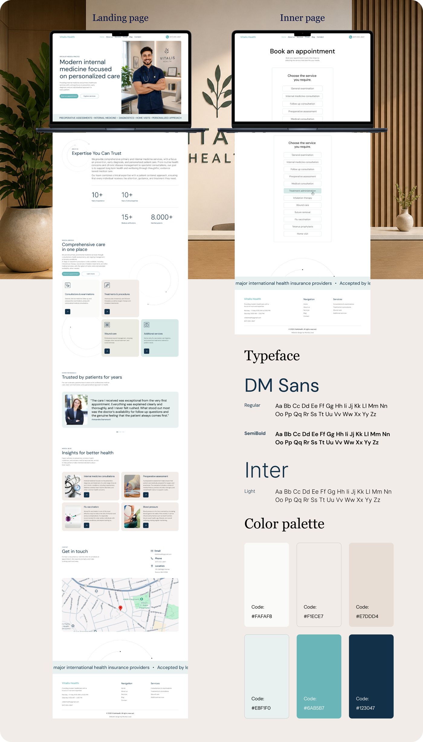 Vitalis Health — reception, landing and inner page layouts, typeface and color palette
