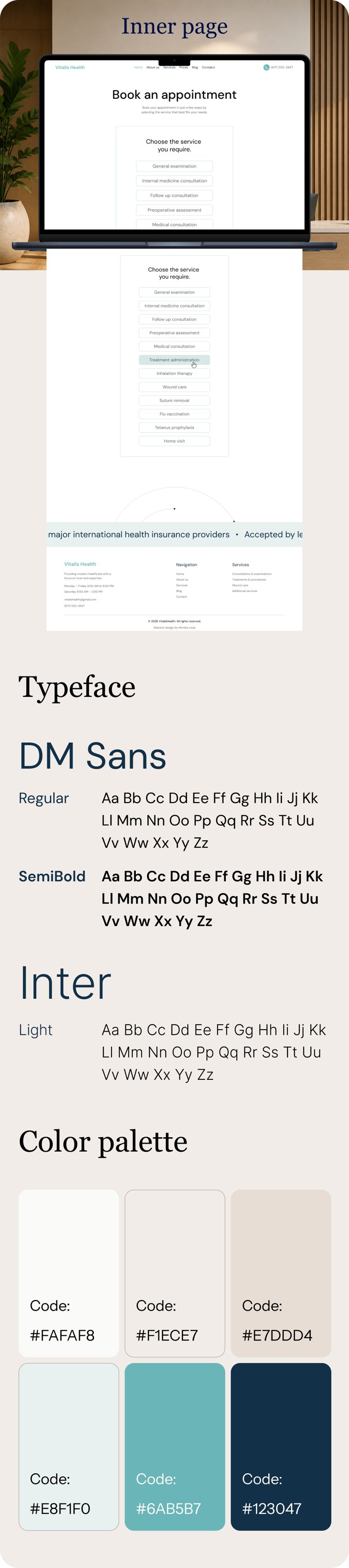Vitalis Health inner page layout, typeface and color palette