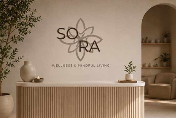 SORA logo on a fluted reception wall