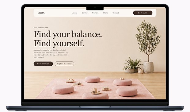 SORA meditation room page shown on a laptop