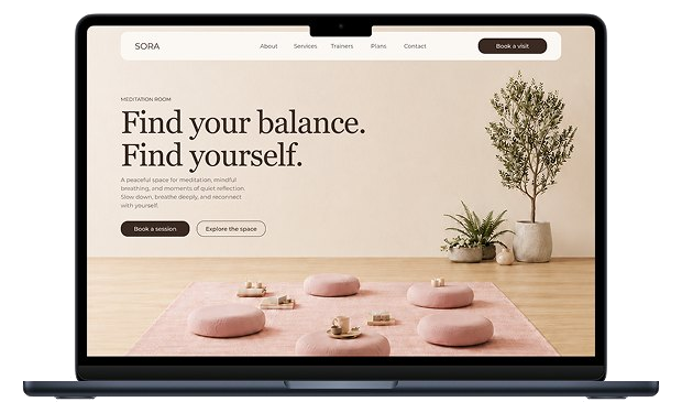 SORA meditation room page shown on a laptop