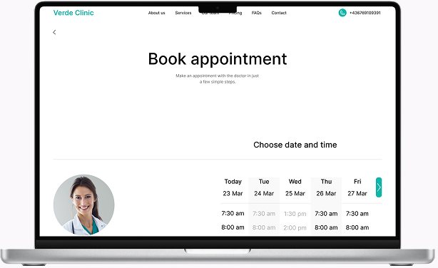 Verde Clinic booking page on a laptop