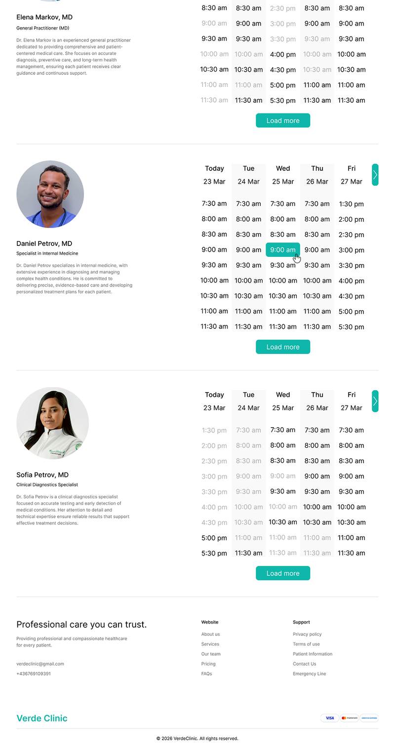 Verde Clinic booking page full design
