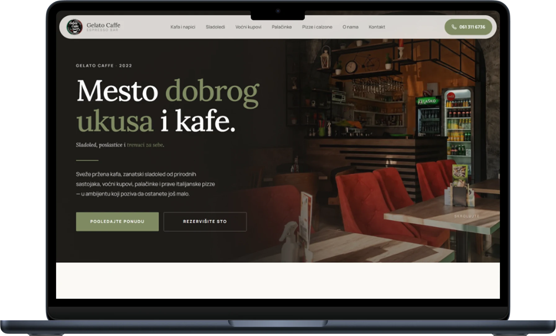 Početni deo landing stranice Gelato Caffe na laptopu