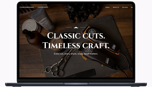 Black Chair Barbershop landing page on a laptop