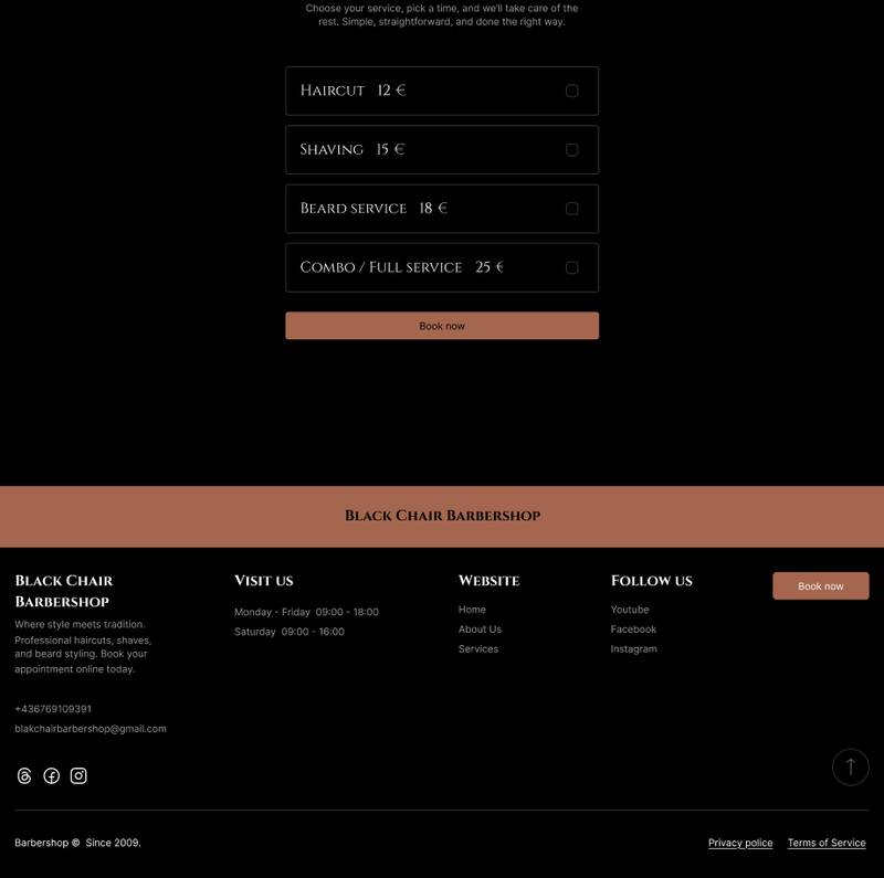 Black Chair Barbershop booking page full design